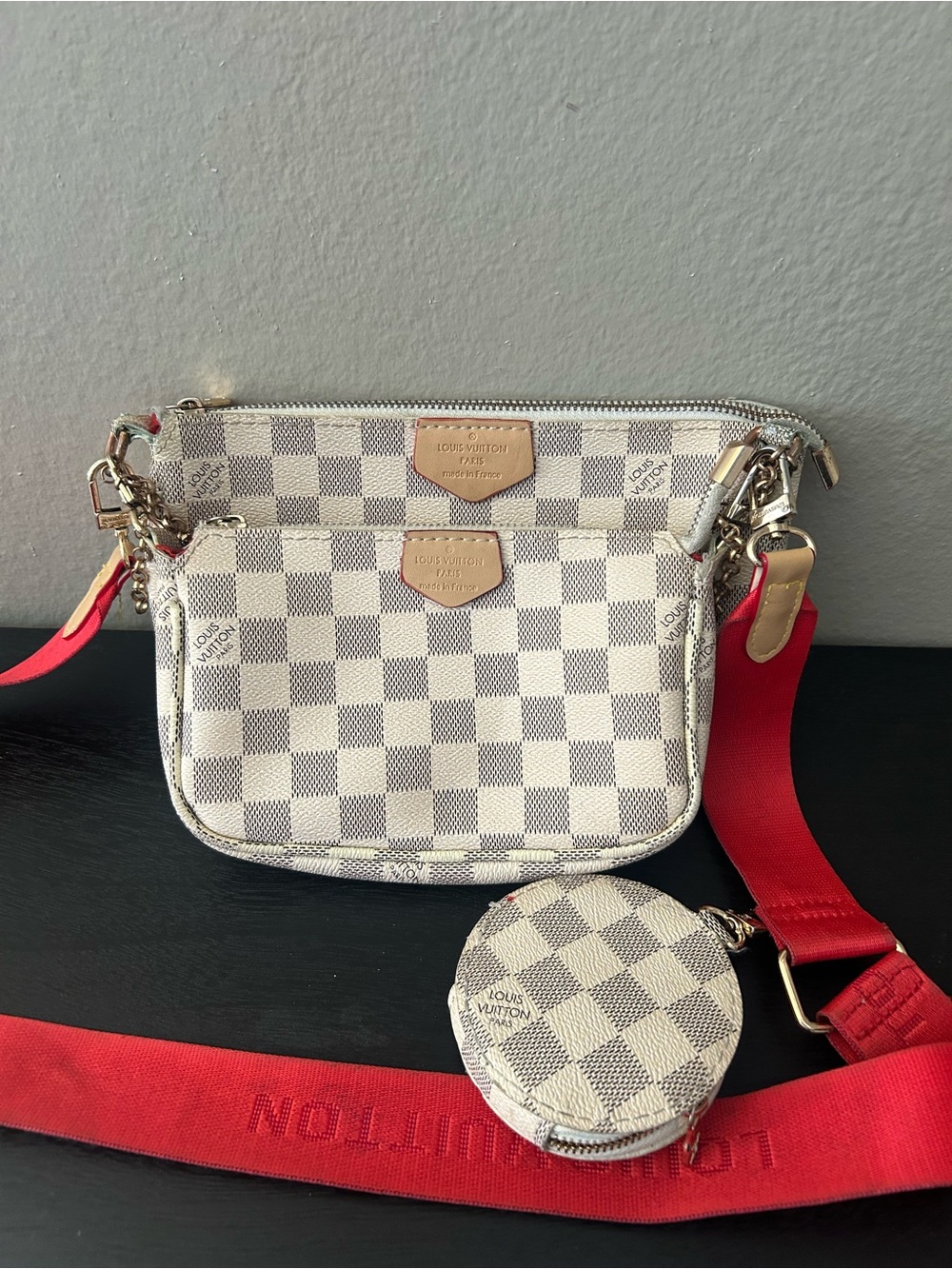 Triple Pochette with Red Strap and Coin Pouch